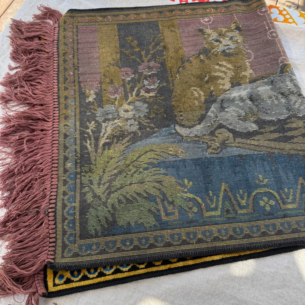 Vintage Mid-Century 1950s 60s Velvet Tapestry Frinhe Cats Playing Chess Wall Rug